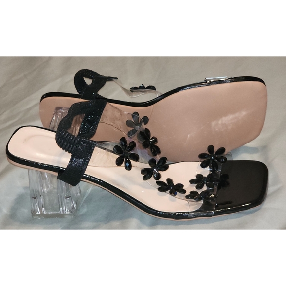 New Women's Dress Sandals Black Floral w/ Clear Acrylic Heels Size 41 (1… - Picture 6 of 13